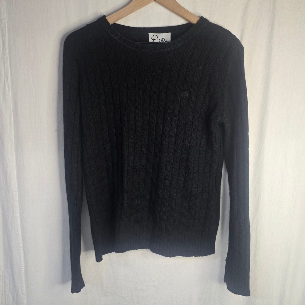 Lilly Pulitzer Cable Knit Sweater Womens L Black Silk Cashmere Blend Old Money